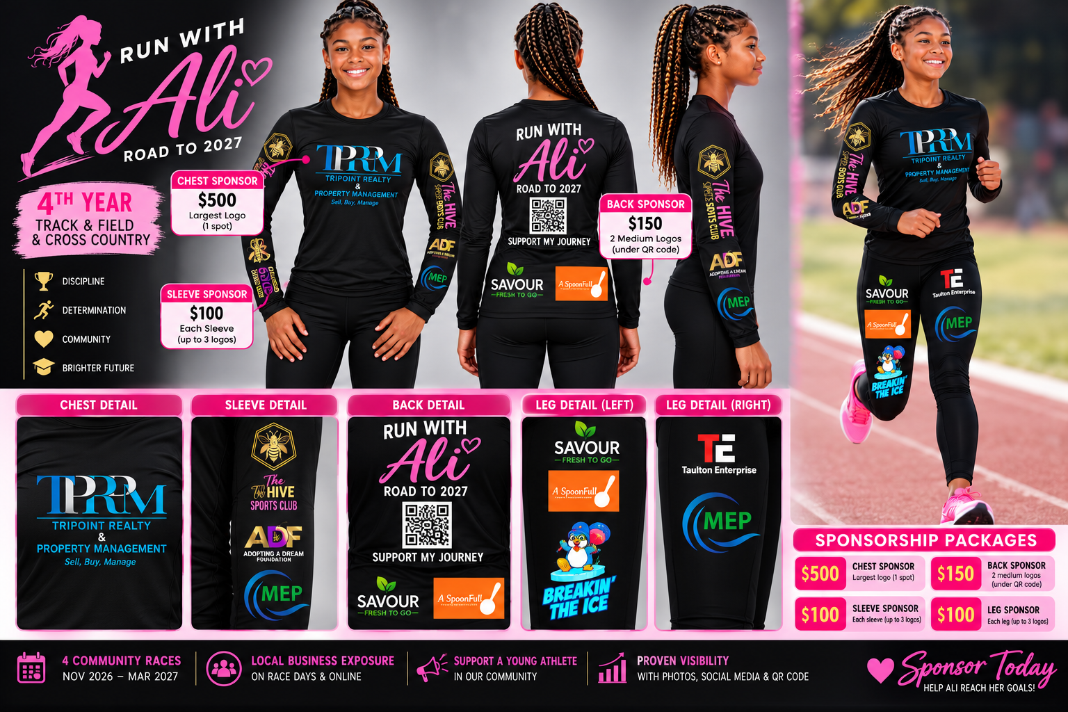 Sponsor logo placements on Ali’s running uniform